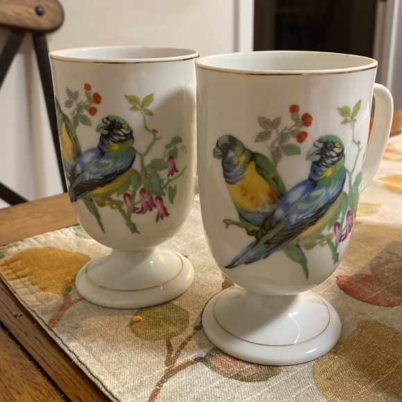 Vintage Royal Crown Blue and Yellow Songbirds Flower Pedestal Mugs. total of 2 - Picture 2 of 3